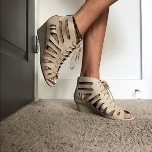 Tan wedges with lace up front and cut out detail